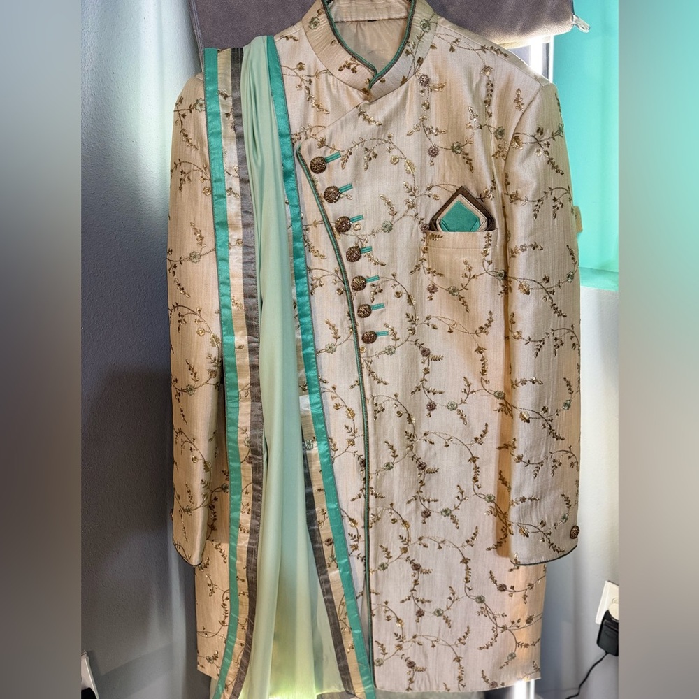 Cream and Sea Foam embroidered Sherwani - Picture 2 of 5
